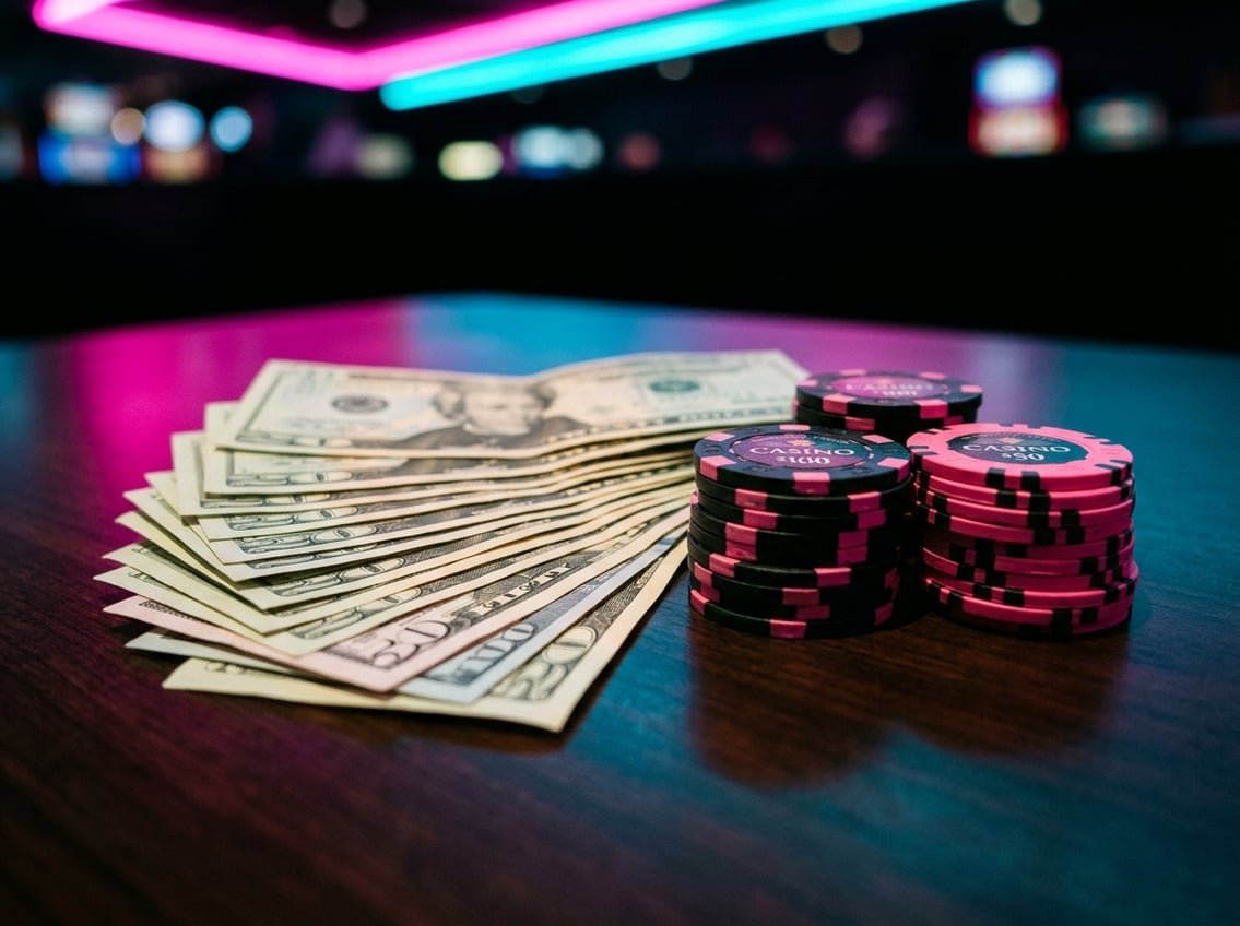Stack of dollar bills next to neon pink and blue casino chips