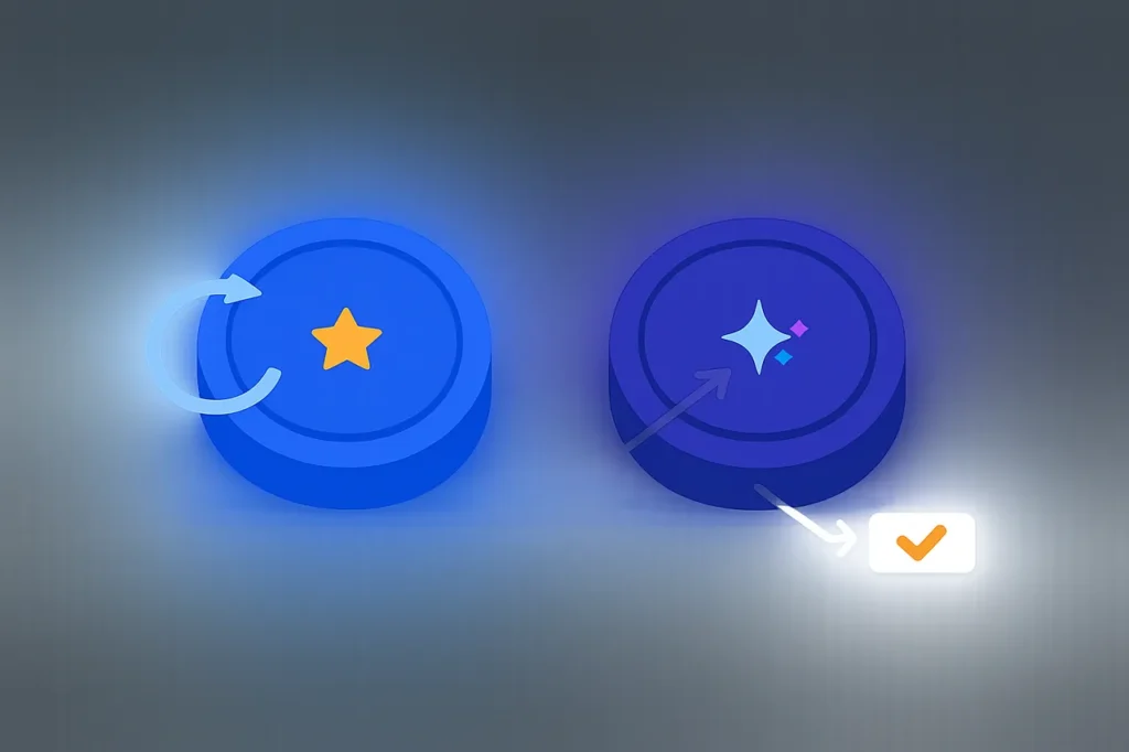 Two side-by-side tokens showing the dual-currency model, Gold Coins for free play and Sweeps Coins redeemable for prizes